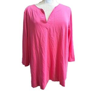 LL BEAN Blouse Womens 2X Top Supima Cotton Teeshirt Pink 3/4 Sleeves